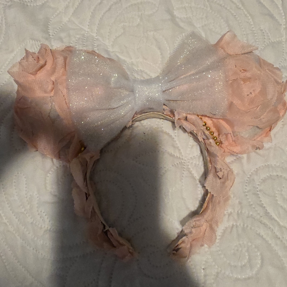 Blush Floral Minnie Ears With Tulle Glitter Bow